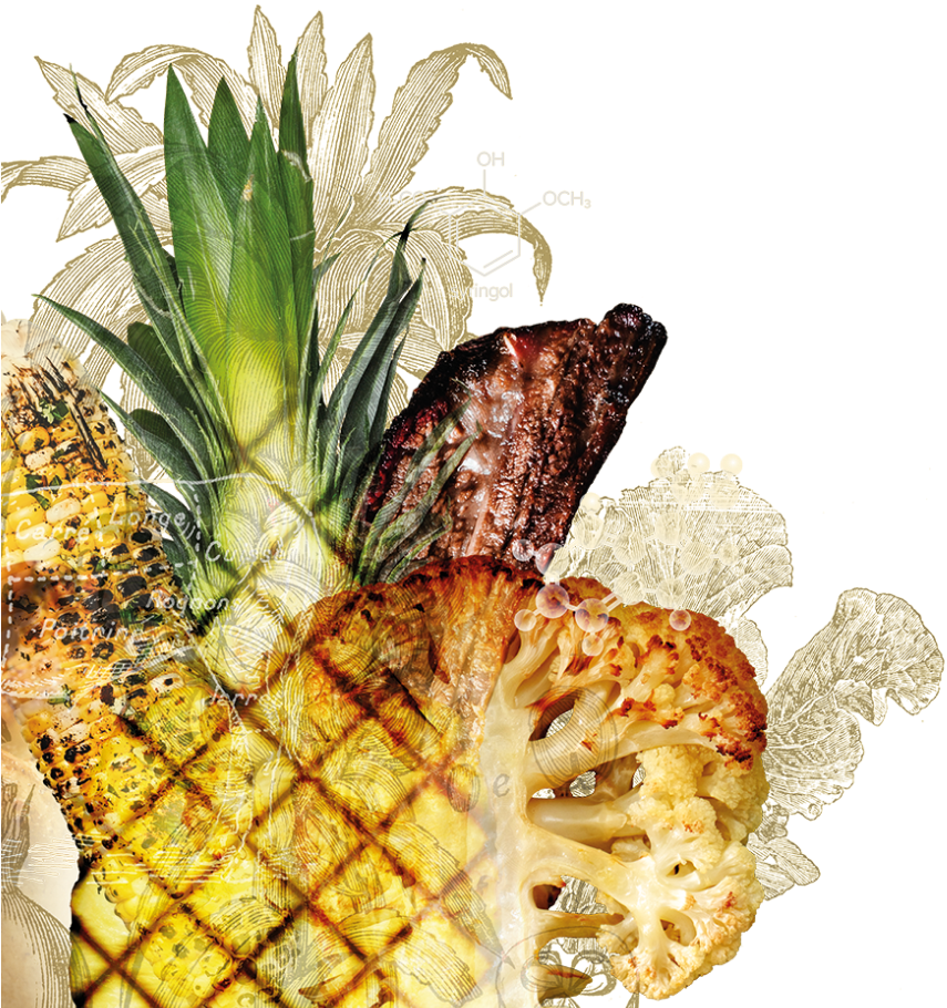 Graphic showing a pineapple, bacon, cauliflower and corn